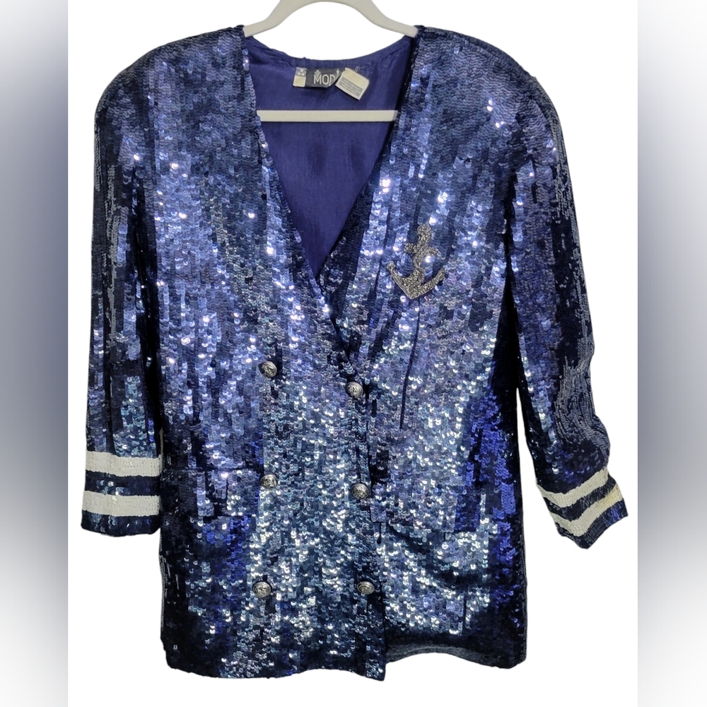 Vintage Modi Women's Sequin Blazer Silk 80's Sailor Navy Blue Shoulder Pads Glam
